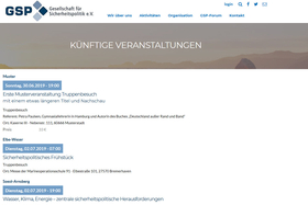 Website der Gesellschaft für Sicherheitspolitik e.V. mit einer Liste zukünftiger Veranstaltungen wie Truppenbesuchen.