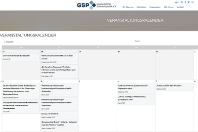Ein Veranstaltungskalender der Gesellschaft für Sicherheitspolitik (GSP) mit Terminen für Mai und Juni.