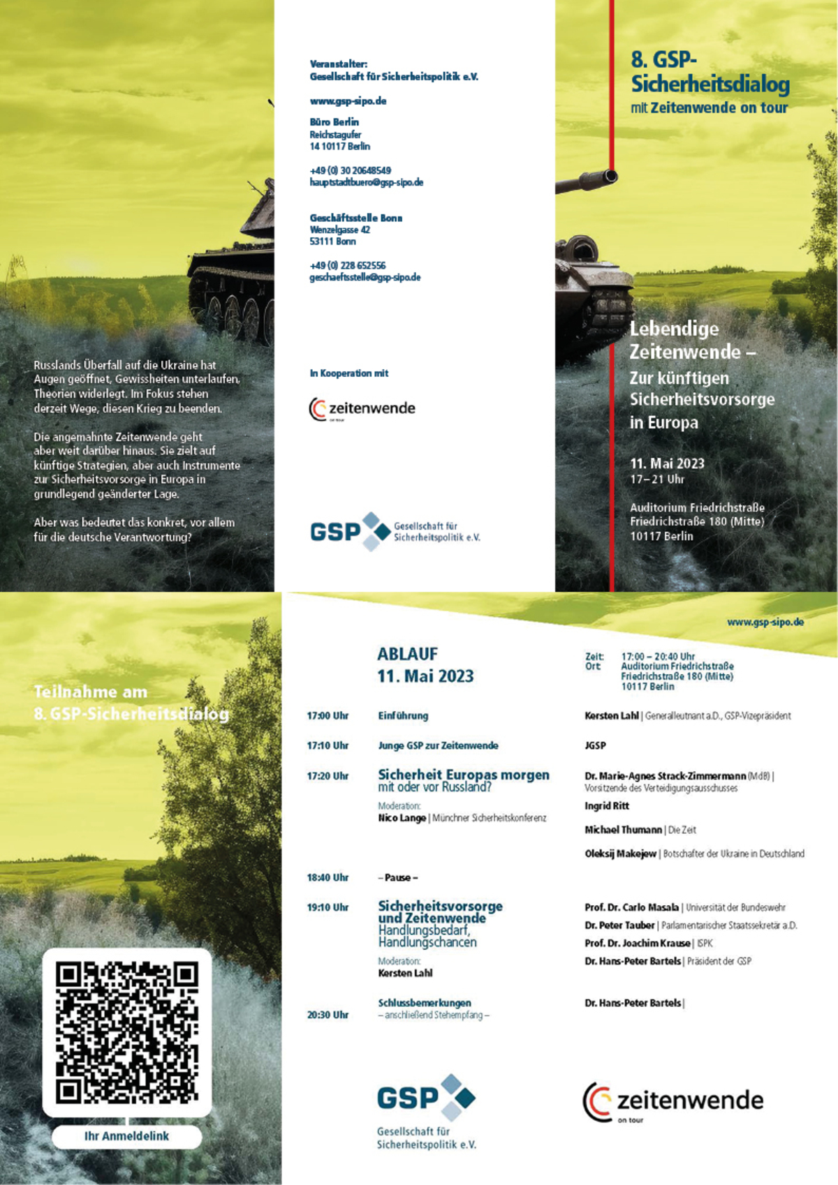Poster für den 8. GSP-Sicherheitsdialog: 'Lebendige Zeitenwende - Zur künftigen Sicherheitsvorsorge in Europa' am 11. Mai 2023.