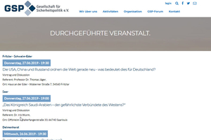 Webseite mit drei abgeschlossenen GSP-Veranstaltungen, darunter Titel wie 'USA, China, Russland ordnen die Welt neu'.