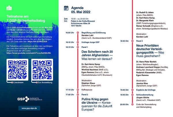 Agenda für den 7. GSP-Sicherheitsdialog am 5. Mai 2022 zu Afghanistan, Ukraine und deutscher Verteidigungspolitik.