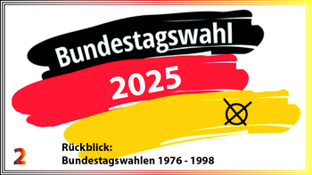 Bundestagswahl 2025 symbolisiert durch Flaggenfarben und Wahlkreuz. Rückblick: Bundestagswahlen 1976-1998 (Teil 2).