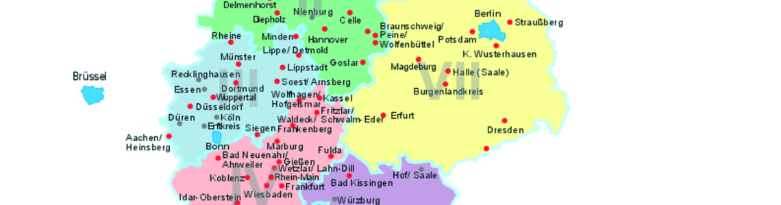 Karte von Deutschland mit mehreren nummerierten Regionen (I-VII) und Großstädten wie Berlin, Hannover, Frankfurt und Dresden.