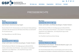Webseite der GSP Gesellschaft für Sicherheitspolitik e.V. mit einer Liste von Presseberichten zu sicherheitspolitischen Themen.