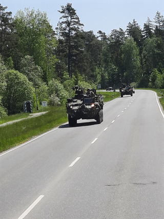 Gepanzerte Militärfahrzeuge fahren im Konvoi auf einer kurvigen Straße durch einen dichten Wald an einem sonnigen Tag.