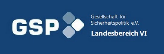 Logo der GSP (Gesellschaft für Sicherheitspolitik e.V.) Landesbereich VI, mit weißem Text und einem Symbol aus vier Quadraten.
